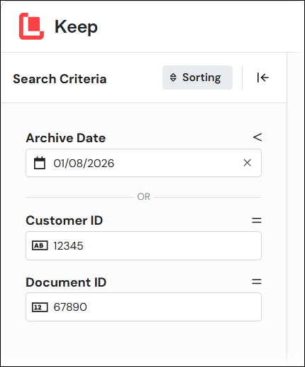 Search criteria that includes an OR marker between two search criteria fields.